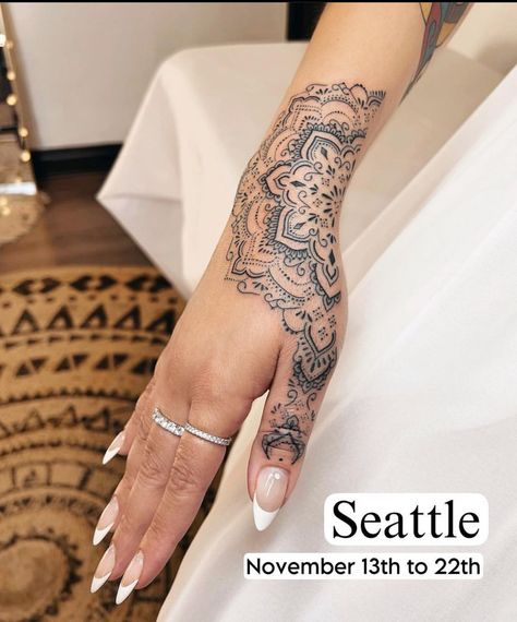 Fine Line Mandala Tattoo Sleeve, Half Hand Mandala Tattoo, Half Tattoos For Women, Hand Lotus Tattoo, Hand Tattoos Mandala, Hand Arm Tattoos For Women, Mandala Hand Tattoo For Women, Mandala Tattoo Hand, Hand Mandala Tattoo