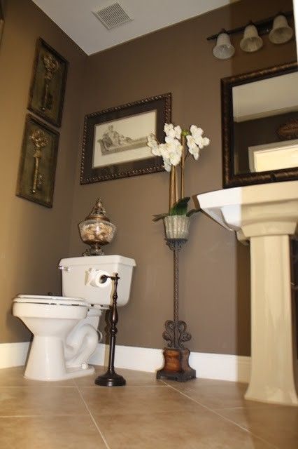 I love the dark theme for the bath off our kitchen Bathroom Paint Colors Behr, Bathroom Pedestal Sink, Traditional Powder Room, Powder Room Design Ideas, Dark Brown Walls, Brown Paint Colors, Powder Room Design, Bathroom Paint Colors, Mocha Latte