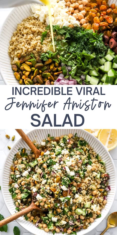 Cucumber Pistachio Salad, Chickpea Salad Lunch, Quinoa Goat Cheese Salad, Salad Mix Ideas, Salads With Feta Cheese, Quinoa Cucumber Salad, Chickpea Cucumber Feta Salad, Anniston Salad, Feta Salad Recipes