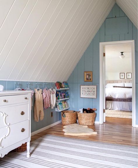 Attic Bedroom Accent Wall, Angled Ceiling Nursery, Slanted Ceiling Nursery Ideas, Sloped Ceiling Nursery, Nursery With Slanted Ceiling, Slanted Ceiling Nursery, Nursery Attic, Attic Nursery Sloped Ceiling, Attic Nursery