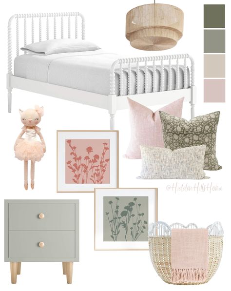 Rattan Pink Bedroom, Girls Bedroom Pink Bed, Green And Pink Guest Room, Bedroom Inspirations Girls Room, Fun Pink Bedroom, Pink Green Gray Bedroom, Pink And Sage Green Bedroom Ideas, Sage And Blush Room, Girls Pink And Green Bedroom Ideas