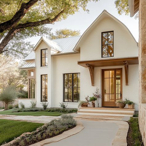 French Country Side House, Timeless Farmhouse Exterior, A Frame Exterior Colors, Cream Stucco House Exterior, Stucco Farmhouse Exterior, Cream Farmhouse Exterior, White Exterior House With Wood Accents, White House Brown Roof, French Country Farmhouse Exterior