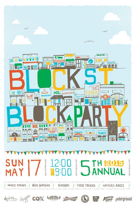 Music schedule released for 2015 Block Street Block Party | Fayetteville Flyer Block Party Graphic, Block Party Poster, Picnic Layout, Music Schedule, Block Party Flyer, Flea Market Poster, Community Picnic, Block Party Invitations, Illustrative Design