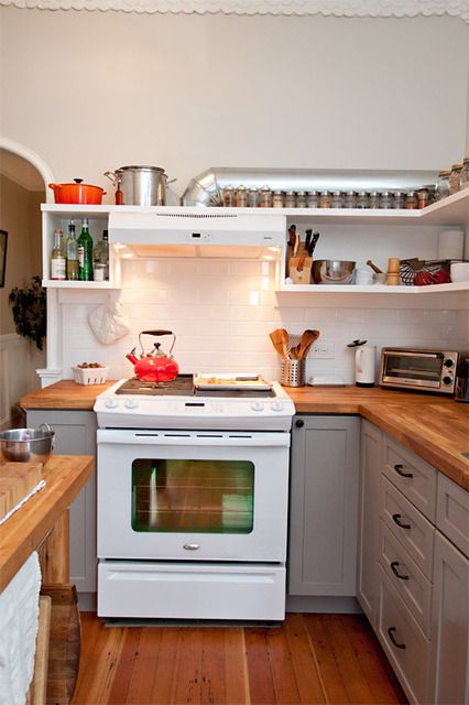 This is where I got the idea to angle my toaster oven in the corner. So mundane, but made a huge difference in the amount of usable space it freed up. Kitchens With Butcher Block Countertops, Butcher Block Countertops Kitchen, Block Countertops, Kitchen Ikea, Casa Clean, Butcher Block Kitchen, Kitchen Styles, Condo Ideas, Future Kitchen