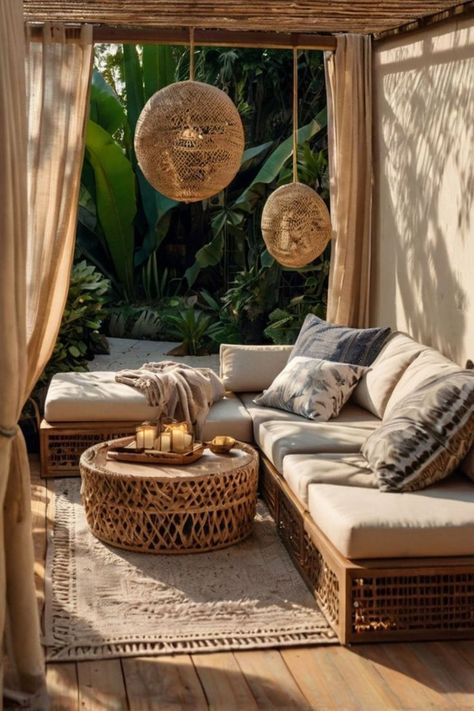 Cozy outdoor retreat with a fire pit and comfortable seating. Cozy Outdoor Seating, Rattan Decor, Rattan Patio Furniture, Mini Pool, Outdoor Seating Area, Cozy Backyard, Cozy Outdoor, Fire Pits, Tropical Plants