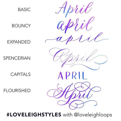 Jillian & Jordan | Calligraphy on Instagram: “Happy April! Which one of these styles looks the most “April” to you? Follow #loveleighstyles for dozens more word examples 😍 .…” April Calligraphy, April Lettering, Month Calligraphy, Calligraphy Writing Styles, Calligraphy Letters Alphabet, Hand Lettering Worksheet, Fonts Numbers, Lettering Styles Alphabet, Brush Pen Lettering