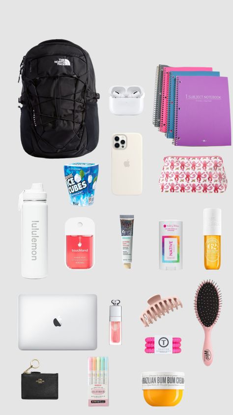 backpack necessities!! #backpack #school #necessities Backpacks For 5th Grade, 8th Grade Backpacks, Back Packing Essentials For School, Book Bags For High School, Airport Necessities, Backpack Necessities, 7th Grade Backpacks, Backpacks For High School, Trip Necessities