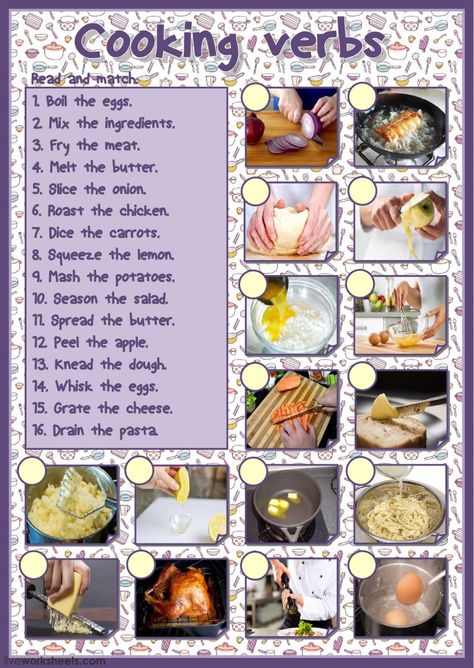 Cooking vocabulary interactive and downloadable worksheet. You can do the exercises online or download the worksheet as pdf. Cooking Words, Cooking Verbs Worksheet, Cooking Vocabulary English, Cooking Vocabulary, Cooking Verbs, Food Vocabulary, Matching Worksheets, Verb Worksheets, English Vocab