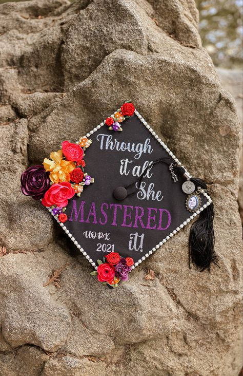 Masters Degree Graduation Hat, Through It All She Mastered It, Masters Degree Graduation Cap Therapist, She Mastered It Graduation Cap, Master’s Graduation Cap, Graduation Cap Designs Teacher Masters, Masters Degree Graduation Cap Teacher, Master Of Education Graduation Cap, Masters Graduation Caps