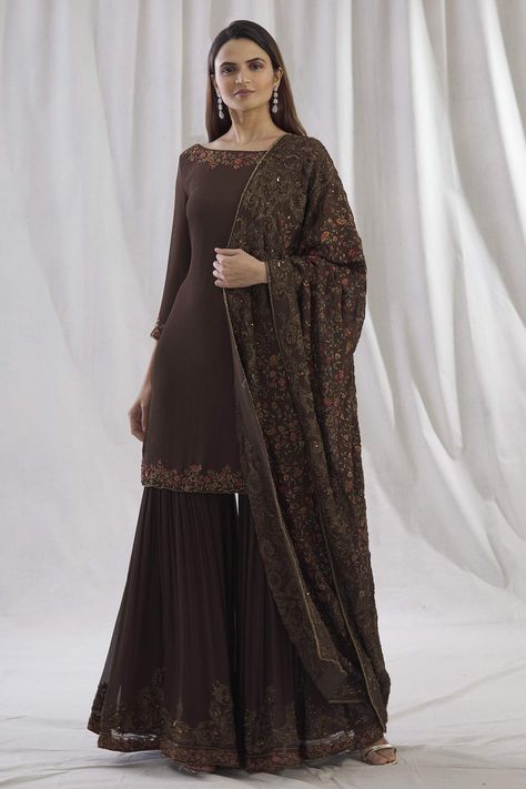 Buy Embroidered Kurta Sharara Set by Nakul Sen at Aza Fashions Satin Gharara, Ankle Cuff Heels, Kurta Sharara Set, Kurta Sharara, Kurta Set For Women, Brown Satin, Sharara Set, Brown Shorts, Embroidered Neckline