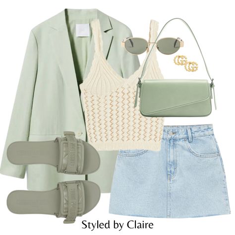 Safe Green Outfit, Sage Green Tshirt Outfit, Sunday Bbq Outfit, Blazer Spring Outfits, Rollercoaster Outfit, Sage Green Skirt Outfit, Sage Green Blazer Outfit, Sage Green Outfit Ideas, Sage Green Outfits