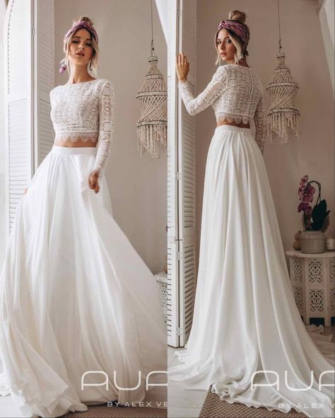 2 Piece Wedding Dress Dolly Gown, Two Piece Wedding Dress Crop Tops Lace, Chic Spring Wedding Two-piece Dress, Elegant White Two-piece Wedding Dress, Bridal Separates Long Sleeve, Wedding Gift Money, Ankara Gown, Two Piece Wedding Dress, Ankara Gown Styles