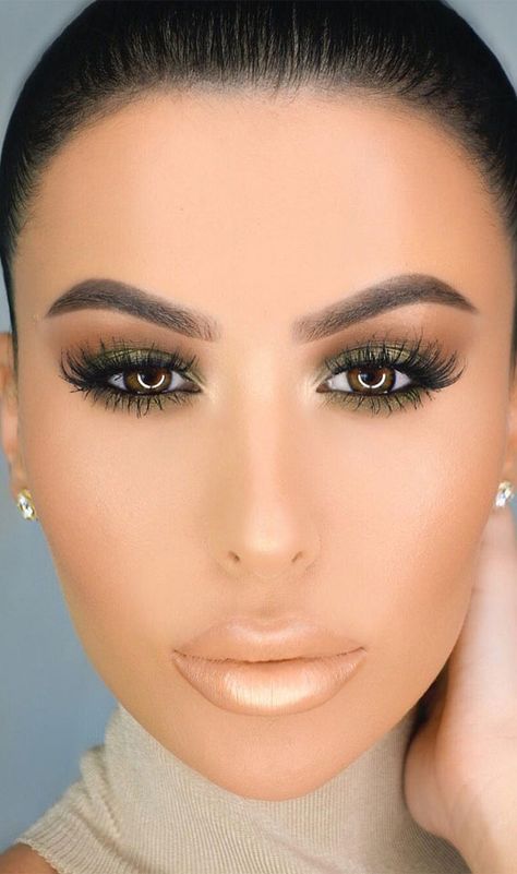 75 Wedding Makeup Ideas To Suit Every Bride Makeup To Go With Olive Green Dress, Green Sequin Dress Makeup, Olive Green And Gold Eye Makeup, Smokey Eye With Green Undereye, Brown Eye Green Eyeshadow, Makeup For Green Dress Prom, Olive Smokey Eye Makeup, Olive Green Wedding Makeup, Makeup To Go With Emerald Green Dress