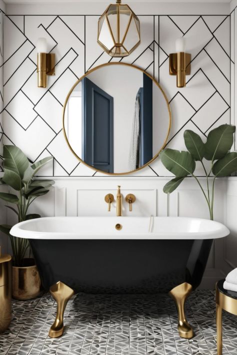 Step into the glamour of the 1920s with this small bathroom featuring bold geometric patterns and elegant brass accents. Vintage sophistication for modern living. #ArtDeco #SmallBathroom #VintageGlamour Small Elegant Bathroom, Art Deco Bathroom Ideas, Art Deco Toilet, Art Deco Powder Room, 1920s Bathroom, Elegant Bathrooms, Funky Bathroom, Bathroom Simple, Art Deco Bathroom