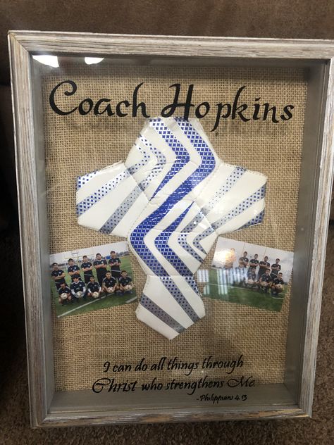 Soccer Crafts For Team, Soccer Shadow Box Ideas, Soccer Senior Night Gifts, Soccer Treats, Soccer Senior Night, Soccer Crafts, Soccer Christmas, Soccer Awards, Soccer Coach Gifts