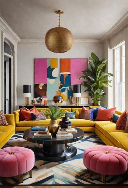 The Secret to Colorful Luxury: Decorating with Multiple Colors for a Sophisticated Home Colorful Houses Interior, Colorful Room Ideas, Colours Living Room, Modern Victorian Decor, Two Sofas, Entertainment Room Decor, Colorful Luxury, Colorful Room Decor, Sophisticated Home