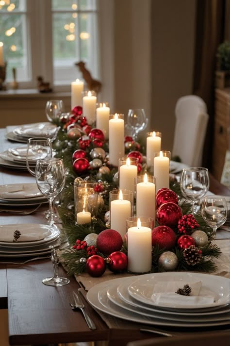 Create a Christmas centerpiece with a rustic lantern filled with pinecones, fairy lights, and holly, or group white candles on a wooden tray with greenery and berries. Mason jars with cranberries and floating candles add charm. #centerpiece #christmascenterpiece #christmasideas Floating Candles Christmas Centerpieces, Ornament Table Centerpieces, Round Table Christmas Centerpieces, Christmas Wedding Table, Christmas Wedding Centerpieces, Christmas Candle Centerpiece, Christmas Balloon Decorations, Christmas Decorations Centerpiece, Christmas Tree Napkins