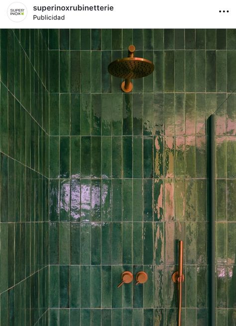 Green And Copper Bathroom, Marazzi Tile, Green And Copper, Copper Taps, Cozy Bathroom, Copper Bathroom, Shower Liner, Tiny Bathroom, Contemporary Bathroom