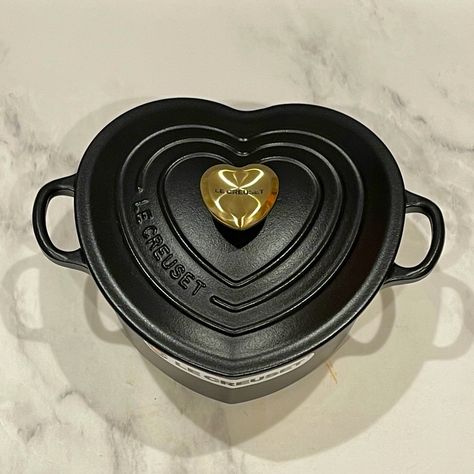 Brand New Le Creuset Heart Shaped Dutch Oven In Original Box With Upgraded Light Gold Heart Knob Color: Matt Black Size: 2qt / 20cm Please See Pictures For Details ***All Sales Are Final, No Return Or Exchange*** Heart Le Creuset, Victorian Household Items, Elegant Goth Home Decor, Heart Shaped Kitchen Utensils, Goth Kitchen Accessories, Heart Kitchen Decor, Whimsy Goth Home Decor, Heart Shaped Kitchenware, Goth Kitchenware