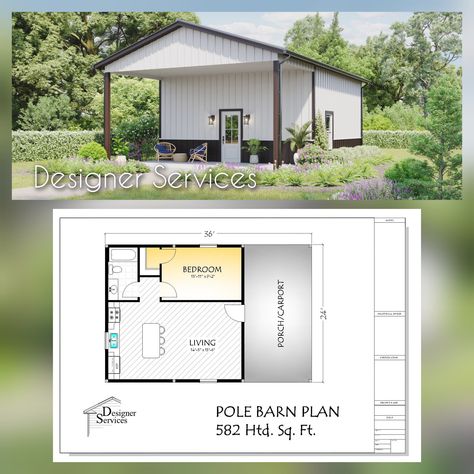 Tiny Home Western, Tiny Barndominium Floor Plans, Pole Barns With Living Quarters, Mini Barn House, Simple Pole Barn Homes, Small Pole Barn Homes Simple, Custom Garage Ideas, Metal Building Homes With Shop, Small Pole Barn Homes