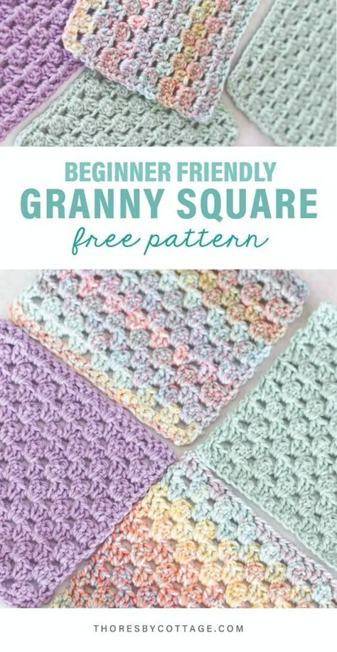 This pattern is beginner friendly and great for using up yarn scraps! It is the perfect motif for blankets, home decor and wearables. Granny stripe granny square #grannysquare #crochetpattern Easy Crochet Quilt Squares, Simple Cute Granny Squares, 4 Inch Crochet Squares, Ribbed Granny Square Crochet, 3 Inch Granny Square Crochet, Easiest Granny Square Crochet Pattern, Beginner Granny Square Projects, Bobble Granny Square Pattern, Free Granny Square Blanket Crochet Pattern