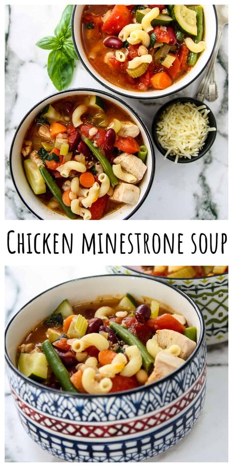 Flavorful Chicken Minestrone soup is chock full of fresh veggies, healthy beans and protein. It's a delicious, hearty, and healthy, complete meal. And it takes just 30 minutes cooking time and one pot. Chicken Minestrone Soup Recipe, Chicken Minestrone Soup, Handmade Pasta Recipe, Healthy Beans, Italian Diet, Delicious Veggies, Blogger Photos, Italian Soup, Hearty Meal