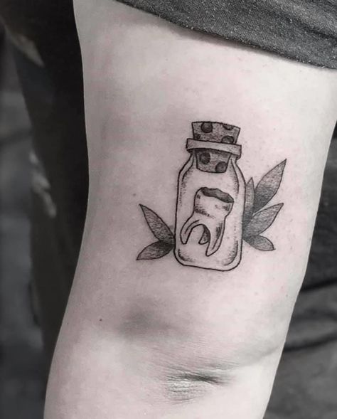 Tooth Jar Tattoo, Cat Tooth Tattoo, Tooth Fairy Tattoo Ideas, Cute Tooth Tattoo, Wisdom Teeth Tattoo, Jar Of Teeth Tattoo, Wisdom Tooth Tattoo, Sweet Tooth Tattoo, Tooth Fairy Tattoo