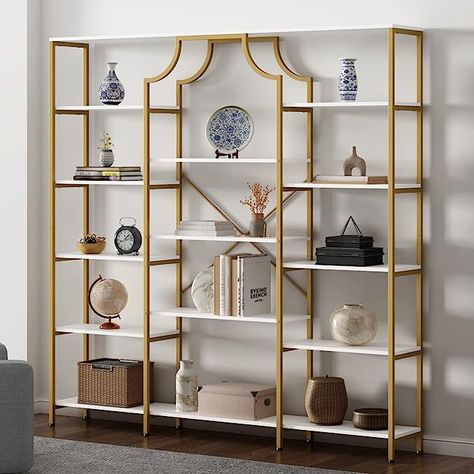 Amazon.com: Loomie Triple Wide Bookshelf, 70.87" W/H Large Tall Etagere Bookcase, Modern 13-Open Shelves Geometric Bookshelf, Display Storage Metal Book Case, for Bedroom, Home Office & Living Room, Gold & White : Home & Kitchen Studio Remodel, Gold Bookshelf, Shelves Freestanding, Wide Bookshelf, Bookshelf Bed, Contemporary Shelving, Large Bookshelves, Metal Bookcase, Metal Shelving Units