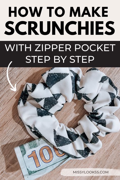 DIY zip scrunchie Scrunchy With Zipper Diy, Zip Scrunchies Tutorial, Scrunchies With Zipper, Hideaway Scrunchie Pattern, Zipper Scrunchies Diy, Best Fabric For Scrunchies, Diy Scrunchie Pattern, Scrunchie With Zipper, How To Make Scrunchies No Sew