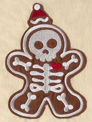 Gingerbread Skeleton (Applique) design (UTZ1223) from UrbanThreads.com Fleece Applique, Towel Embroidery Designs, Merry Creepmas, Scary Christmas, Christmas Skeleton, Goth Christmas, Spooky Christmas, Happy Christmas Eve, Gothic Christmas