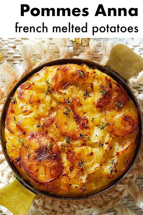 Thinly sliced potatoes, layered with tons of BUTTER, and then slowly roasted to perfection! This is a delicious buttery side dish, or use as a tapas for gatherings! Melted Potatoes, Pommes Anna, Potatoe Recipes, Anna French, Potato Recipes Side Dishes, Potato Sides, French Dishes, Potato Recipe, Potato Side Dishes