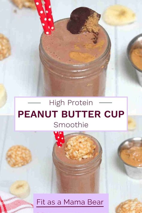 Two images of a chocolate peanut butter smoothie in a mason jar with peanut butter toppings. Peanut Butter Cup Smoothie, Dessert Smoothies, Cocoa Powder Recipes, Protein Shake Recipe, Dairy Free Smoothies, Muscle Repair, Favorite Breakfast Recipes, Workout Smoothies, Shakes And Smoothies