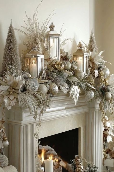 Outdoor Christmas Decoration Ideas, Outdoor Decoration Ideas, Christmas Fireplace Mantels, Luxury Christmas Decor, Mantel Decor Ideas, Christmas Mantel Decor, Christmas Tree Decorating Themes, Christmas Mantle Decor, Christmas Fireplace Decor