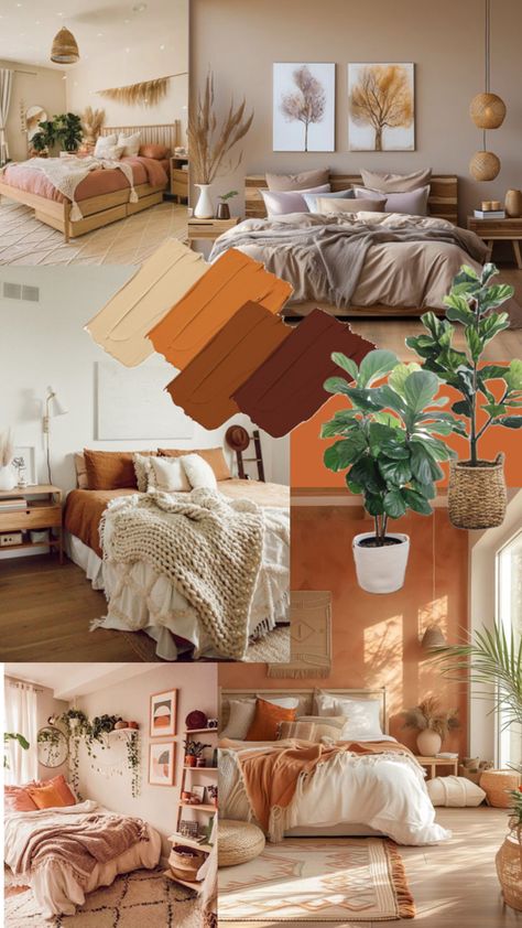 Collage of burnt orange inspired decor for bedroom Burnt Orange Bedroom, Bedroom Collage, Burnt Orange Living Room, Vintage Apartment Decor, Orange Bedroom Decor, Boho Decor Ideas, Bedroom Wall Decor Ideas, Vintage Apartment, Living Room Orange