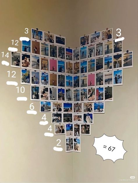 nombre coeur en photo Diy Room Decor Photo Wall, Corner Heart Photo Wall, Heart Layout For Pictures On Wall, Heart Shaped Pictures On Wall, Picture Wall Ideas Heart Shape, Love Heart Picture Wall, Heart Wall Pictures, Heart Shaped Photo Wall, Things To Decorate Your Room Wall Art