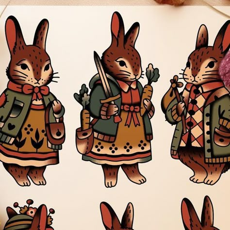 Caige Baker on Instagram: "Here’s a group of rabbit pals. Aren’t they precious ! I plan to post them to my page and put them all on my request form page so it’s easier to request to get them as tattoos. In the mean time if you like one of these rabbits please give this post some love. If you wish to get one tattoo.. screen shot the one you like and add it to the tattoo request form ❤️❤️🐈‍⬛ @deadlynorthsupply #flashtattoo #yyctattoo #calgarytattoo #calgary #tradtattoo #traditionaltattoo #lineworktattoo #blackworktattoo #blackworkers #yyc #ladytattoo #japanesetattoo #tattooflash #calgaryart #flashworkers #yycart #yegtattoo #traditonaltattooart #thebesttraditional #traditional.ink #caigebaker #tradworkers #tradworkerssubmission #peterrabbit #beatrixpotter" Rabbit Flash Tattoo, Woodland Creature Tattoo, Traditional Bunny Tattoo, Beatrix Potter Tattoo, Peter Rabbit Tattoo, Thimble Tattoo, Traditional Tattoo Rabbit, Peter Rabbit Tattoos, Traditional Rabbit Tattoo