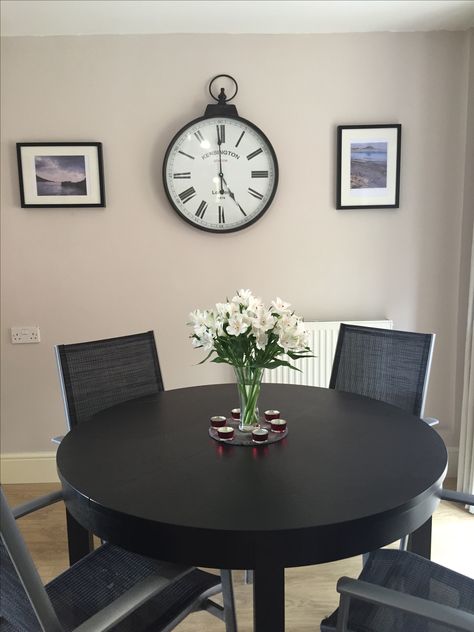 Dulux Gentle Fawn, giant clock, and Cornwall prints by Dave Crocker. Dining room idea Dulux Gentle Fawn, Hall Paint, Kitchen Wall Ideas, Dining Room Idea, Denim Drift, Giant Clock, Wall Colours, Dulux Paint, Gentle Fawn