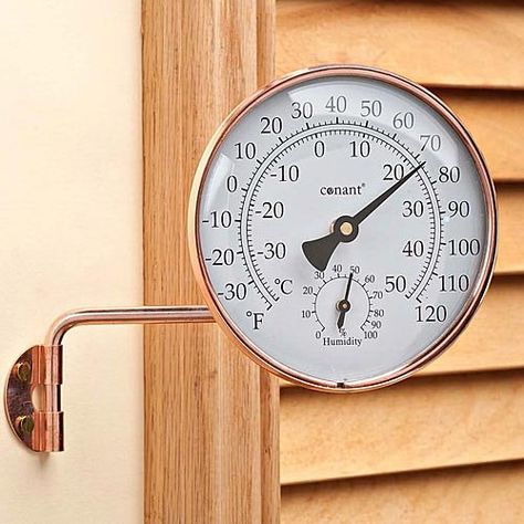 Vermont Weather Station, in Copper Living Finish. Shop Conant weather products at Land & Garden: http://bit.ly/1Fr3IFE #gardening #weather #thermometer #storms Woodworking Shows, Outdoor Thermometer, Weather Instruments, Garden Show, Weather Station, Hygrometer, Outdoor Tools, German Design, Back Doors