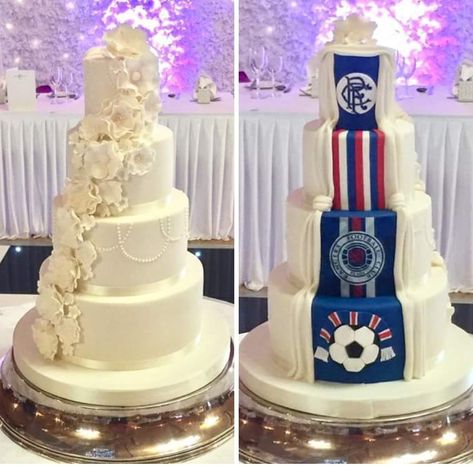 From the front we have a classic wedding cake  From the back---surprise!! An avid Rangers Football Fan Football Wedding Cake, Novelty Wedding Cakes, Soccer Wedding, Football Wedding Theme, Wedding Table Deco, Hockey Wedding, Sports Themed Wedding, Football Wedding, Berta Wedding