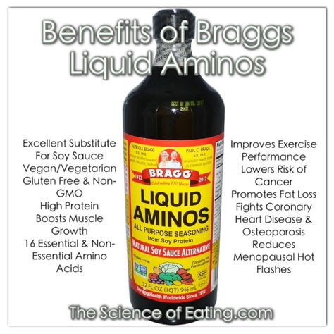 Bragg's Liquid Amino Acids are a preferred condiment for vegetarians and vegans. However, the benefits of this amazing liquid seasoning aren't limited to herbivores. Anyone tring to live a healthier lifestyle will find Bragg Live Food Products﻿ an indispensable tool for maintaining a proper diet, so omnivores should also look into these benefits. FYI you can use this item just like soy sauce, which is exactly what it tastes like. Sodium Foods, Healthy Hacks, Heal Thyself, Avocado Health Benefits, Liquid Aminos, Coconut Aminos, Liquid Diet, Proper Diet, Trim Healthy