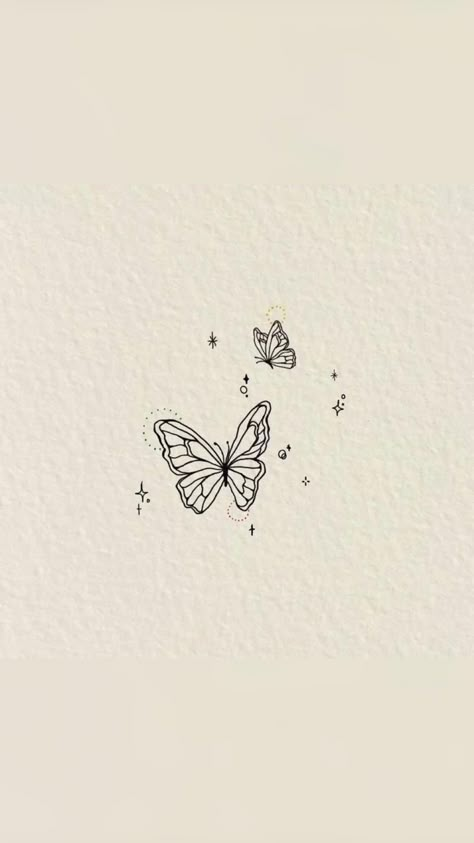 Butterfly Small Tattoo For Women, 2 Butterflies Tattoo Design, Butterfly Tattoo With Twinkles, Butterfly With A Halo Tattoo, Tiny Butterfly Tattoo With Stars, 2 Small Butterflies Tattoo, Dainty Whimsical Tattoo, Sparkly Butterfly Tattoo, Side Profile Butterfly Tattoo