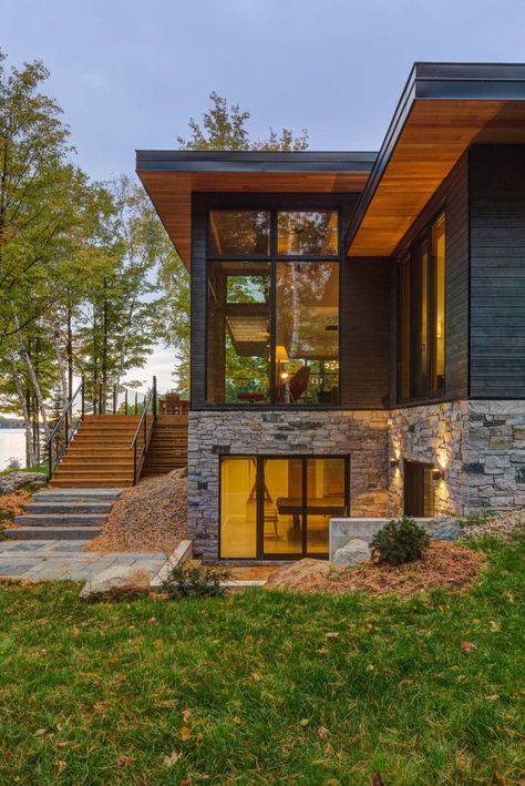 A warm yet inviting modern lake cottage in Canada used for entertaining Modern Lake House Exterior, Contemporary Lake House, Small Lake Houses, Lake Houses Exterior, A Modern House, Modern Lake House, Modern Mountain Home, Lake House Plans, Architecture Model Making