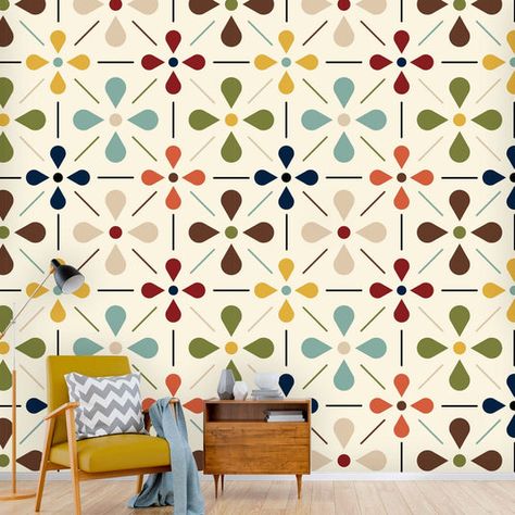 Peel and Stick Wall Paper Murals – Mid Century Modern Gal Funky Bathroom Wallpaper Mid Century, Mid Century Modern Kitchen Wallpaper, Mid Century Modern Peel And Stick Wallpaper, Mid Mod Wallpaper, 60s House Aesthetic, Mid Century Modern Mural, Mcm Decorating Ideas, 70s Mid Century Home, Mid Century Accent Wall