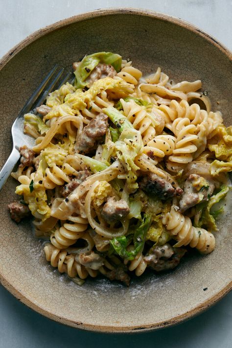 Pasta With Sausage, Caramelized Cabbage and Goat Cheese Recipe - NYT Cooking Pasta With Cabbage And Sausage, Cabbage Sausage Pasta, Red Cabbage Pasta, Cabbage Pasta Recipes, Cabbage Sausage Recipes, Autumnal Meals, Cabbage And Pasta, Pasta With Cabbage, Caramelized Cabbage