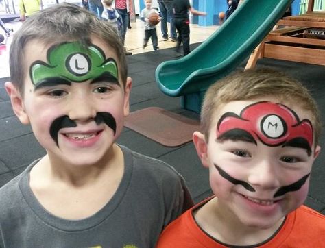 Mario And Luigi Face Paint, Mario Bros Face Paint, Mario Face Paint Easy, Luigi Face Paint, Cartoon Face Painting, Easy Face Painting For Beginners, Video Game Face Paint, Summer Face Painting Ideas For Kids, Roblox Face Paint