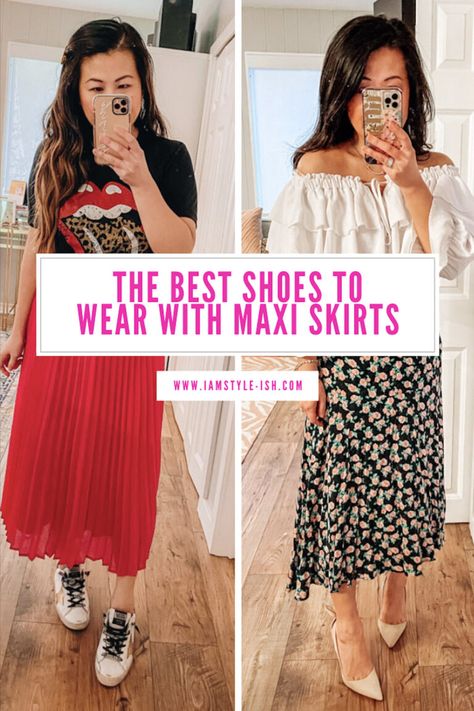 How To Dress Up A Maxi Skirt, Maxi Skirt For Short Women, Shoes For Long Dresses Casual, Shoes With Skirts Winter, Shoes With Maxi Dress Fall, Flats With Maxi Dress, Shoes For Maxi Skirt, Shoes To Wear With Maxi Dress In Winter, Tops To Wear With Maxi Skirts