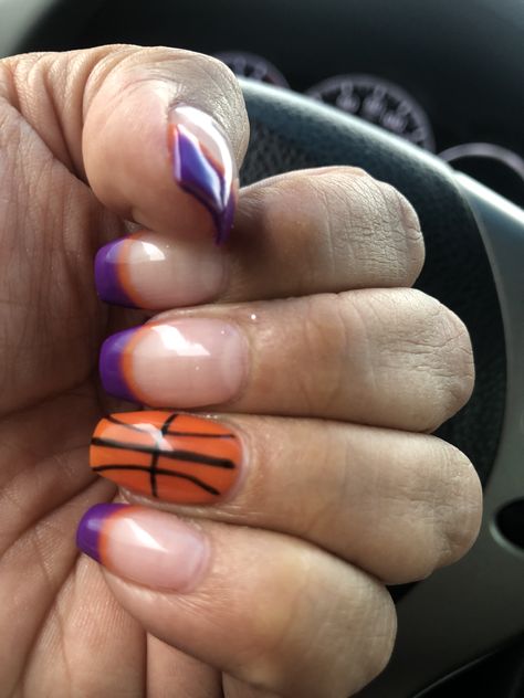 Nails Basketball Design, Phoenix Suns Nails, Basketball Acrylic Nails, Nba Nails, Basketball Nail Art, Basketball Nails Designs, March Madness Nails, Basketball Nail Designs, Basketball Nails