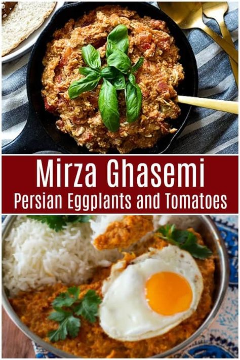 Persian smoked eggplant and tomatoes - Mirza ghasemi is a classic dish from Northern Iran. This smoked eggplant dip is served with rice and makes an easy, healthy vegetarian meal. You can find all the tips and tricks to make the best mirza ghasemi in the recipe! #mirzaghasemi #persianrecipe #persianfood #eggplants #tomatoes Vegetarian Eggplant Recipes, Persian Eggplant, Iranian Recipes, Tomato Dishes, Eggplant Recipe, Healthy Sweet Snacks, Persian Cuisine, Delicious Appetizer Recipes, Persian Food