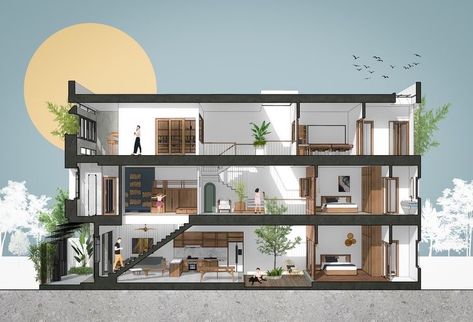 Interior Architecture Presentation, Section Perspective, House Section, Flat House Design, Narrow House Designs, Architectural Rendering, Interior Design Presentation, Narrow House, Architecture Collage