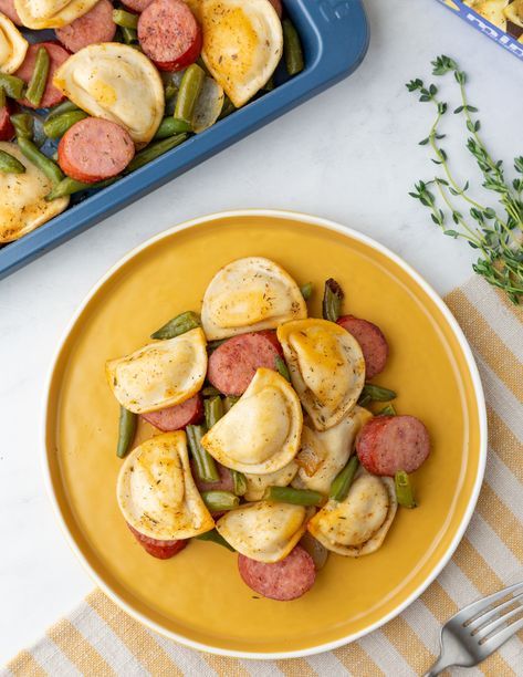 Sheet Pan Meal with Pierogies, Kielbasa and Green Beans - Mrs. T's Pierogies Sausage And Pierogies Sheet Pan, Perogies Sheet Pan, Kielbasa And Green Beans, Sausage Pierogies, Perogies Dinner Ideas, Pierogies And Kielbasa, Pan Green Beans, Sausage And Green Beans, Pierogi Recipe